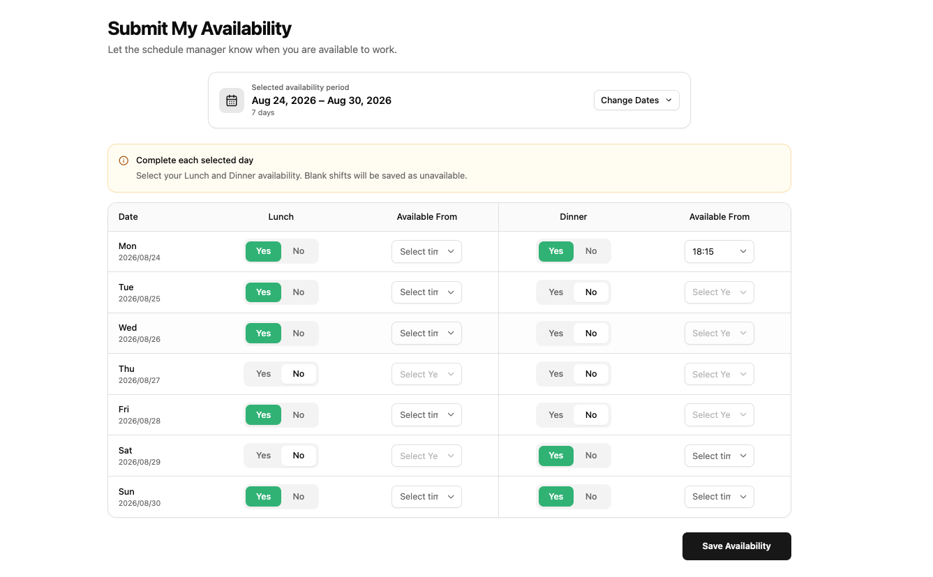 Weekly availability form with separate Lunch and Dinner selections and time-specific availability controls.