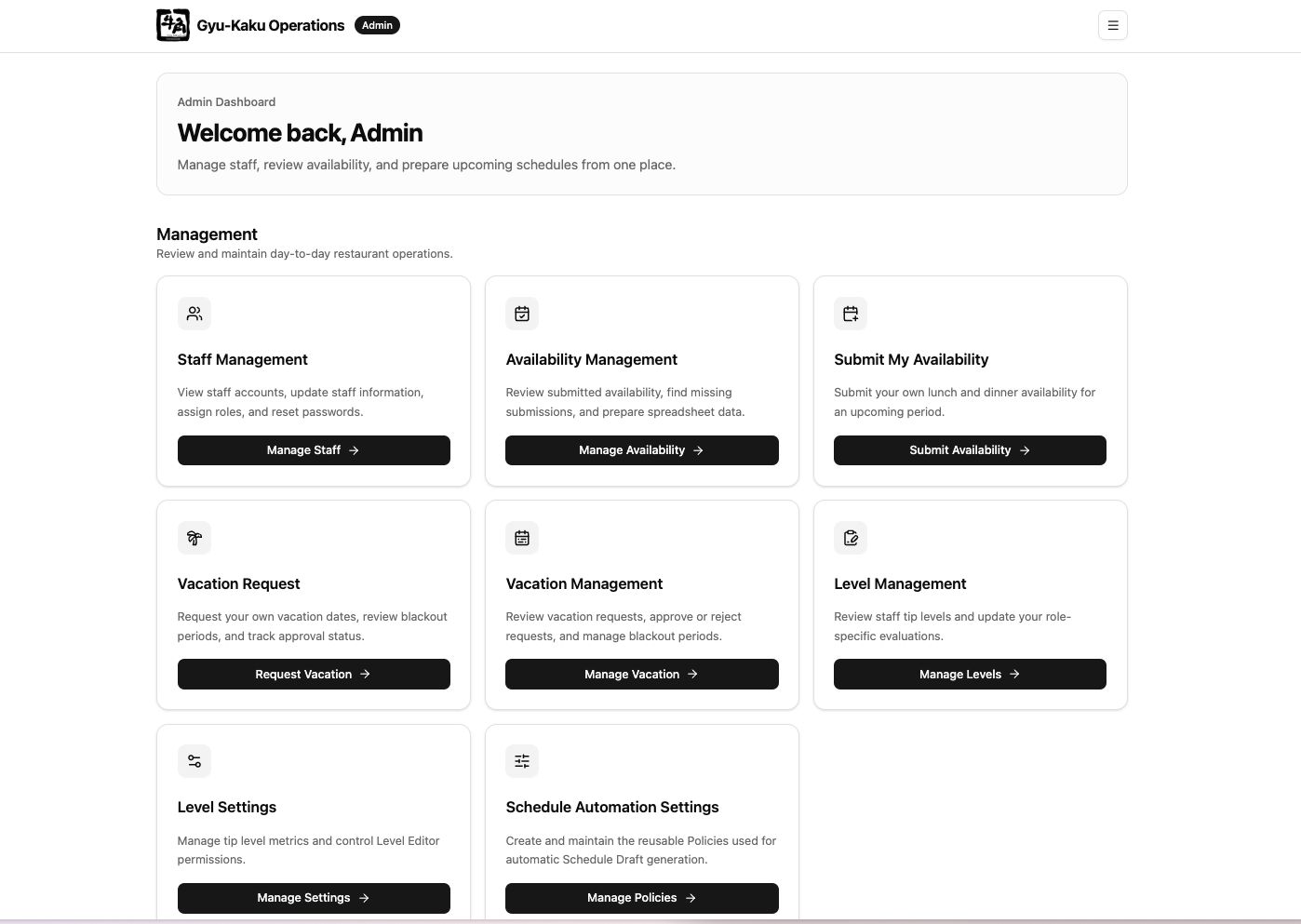 Gyu-Kaku Portal manager dashboard showing staff, availability, vacation, performance-level, and scheduling operations.