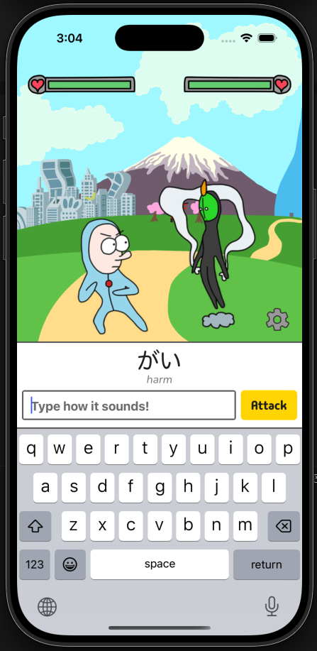 Kana Fighter Quest battle with player and enemy health bars, animated characters, a Kana prompt, and a Romaji answer field.